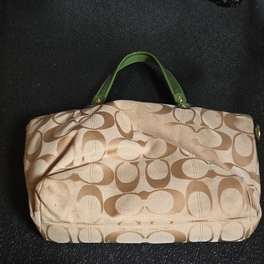 Coach Beige Signature Satchel with Green Trim - Picture 10 of 16